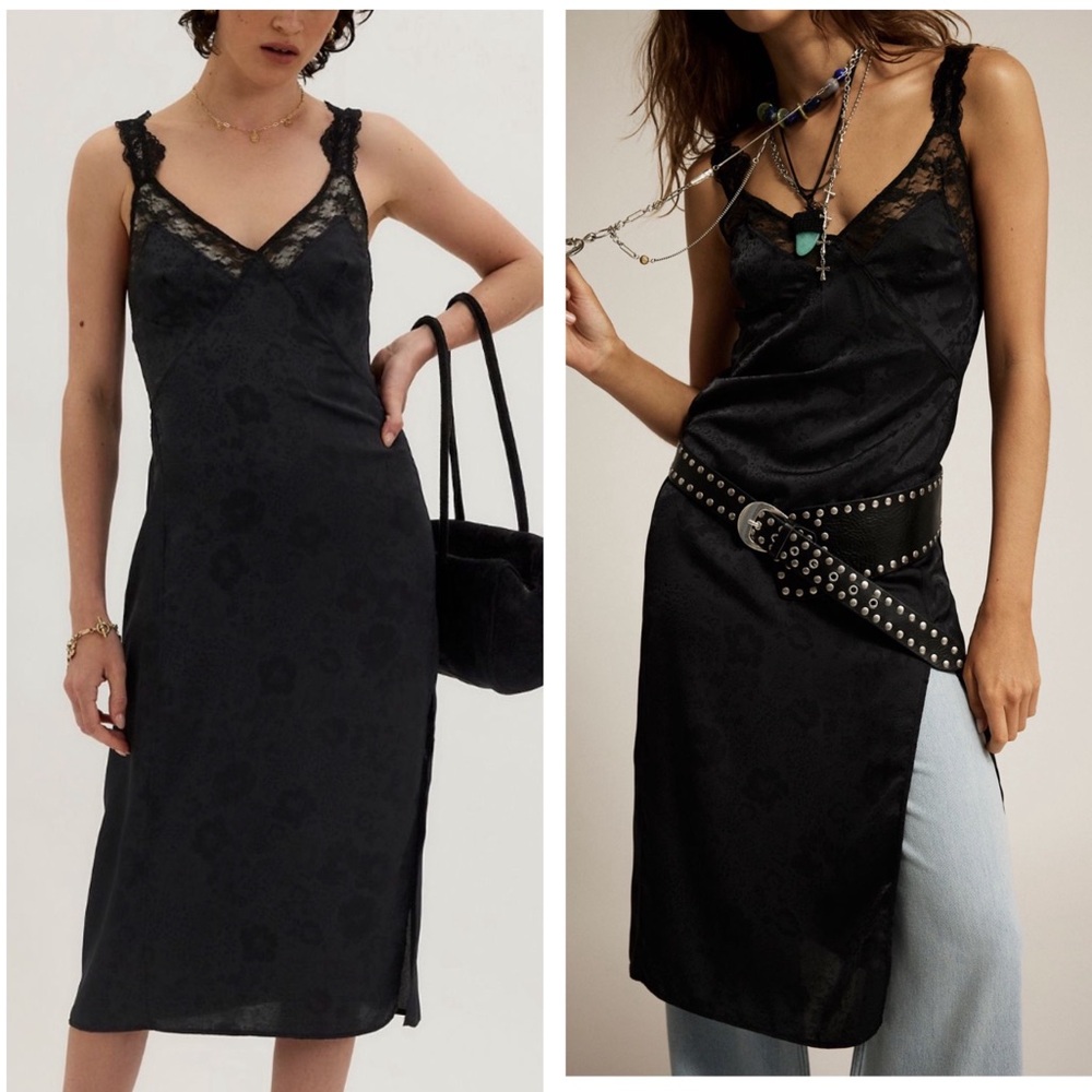FREE PEOPLE TELL ME WHY MIDI SLIP DRESS BLACK SATIN MEDIUM